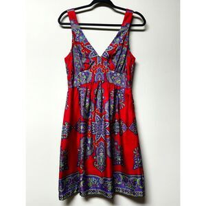 TIBI 100% Silk Red/Blue Medallion Print V-Neck Dress, Side Zip, Sz 6